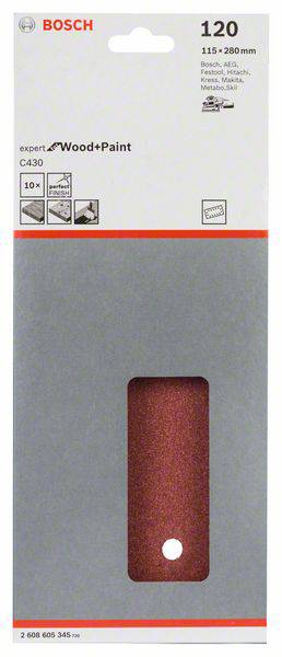 Brúsny papier značky Bosch, zrnitosť 120, na drevo a farbu. Veľkosť 115 x 280 mm. Zobrazuje červený brúsny list s dierkami a detailmi produktu.