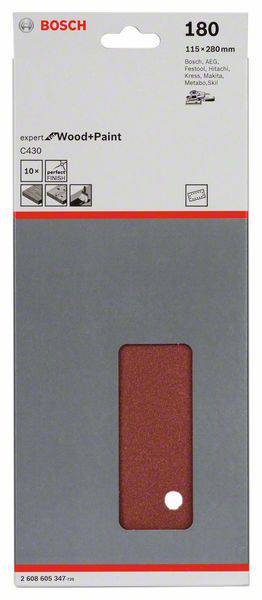 Balenie brúsneho papiera Bosch, vhodné pre drevo a farbu, zrnitosť 180, rozmer 115 x 280 mm, 10 listov v balení.