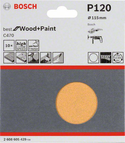 'Bosch P120 brúsny papier, Ø 115 mm, vhodný na drevo a farbu, 10 kusov, vysoká rýchlosť, dokonalý povrch.'
