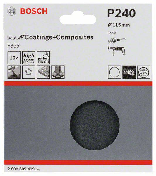 Balenie brúsnych kotúčov značky Bosch, typ P240, priemer 115 mm. Vhodné pre povrchovú úpravu a kompozitné materiály.