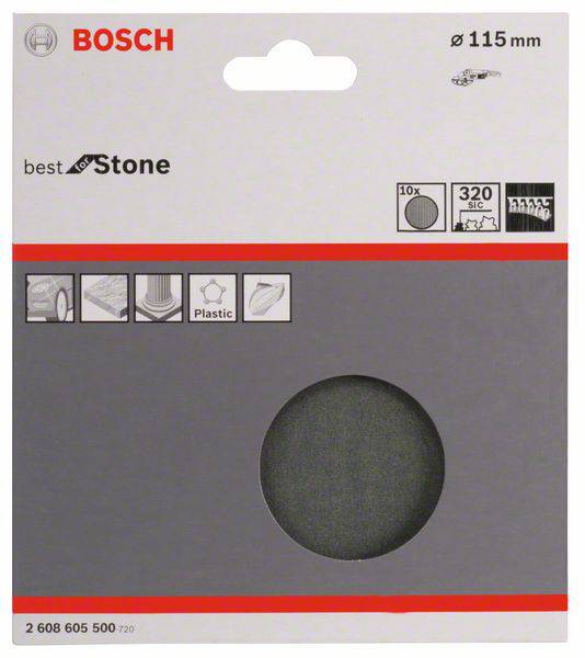 Sivý obal pre brúsne kotúče BOSCH s priemerom 115 mm, vhodný pre kameň, zobrazuje symboly pre použitie a materiál.
