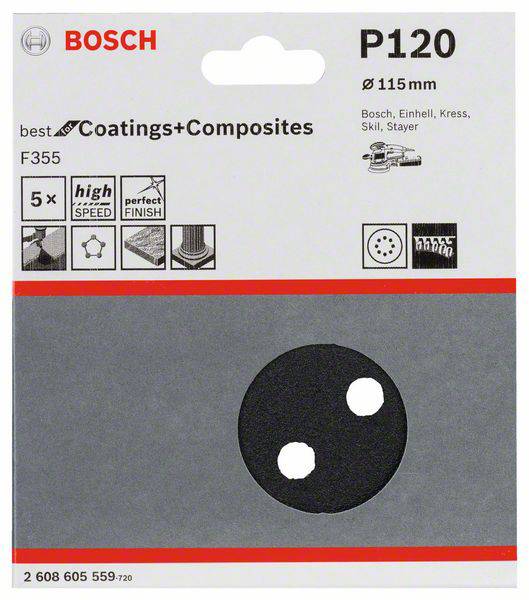 Brúsny papier Bosch, model P120, priemer 115 mm. Vhodný pre 'Coatings + Composites', vysoká rýchlosť a dokonalý povrch.