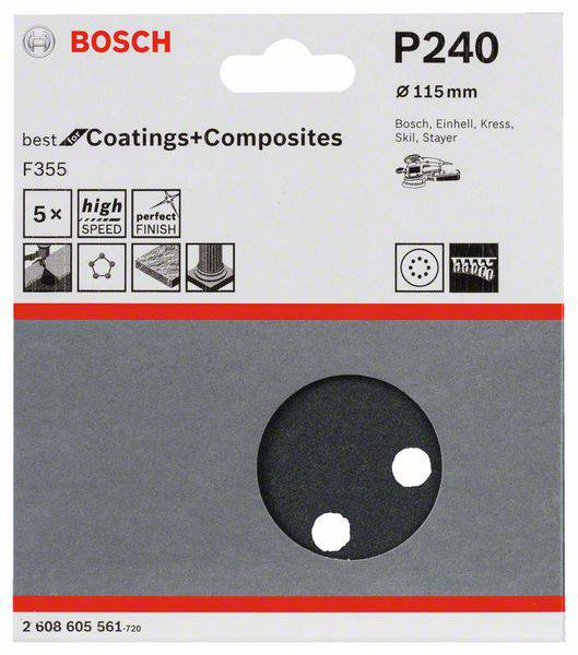 Brúsny kotúč na vŕtačky s priemerom 115 mm, zrnitosť P240, vhodný pre povlaky a kompozitné materiály.