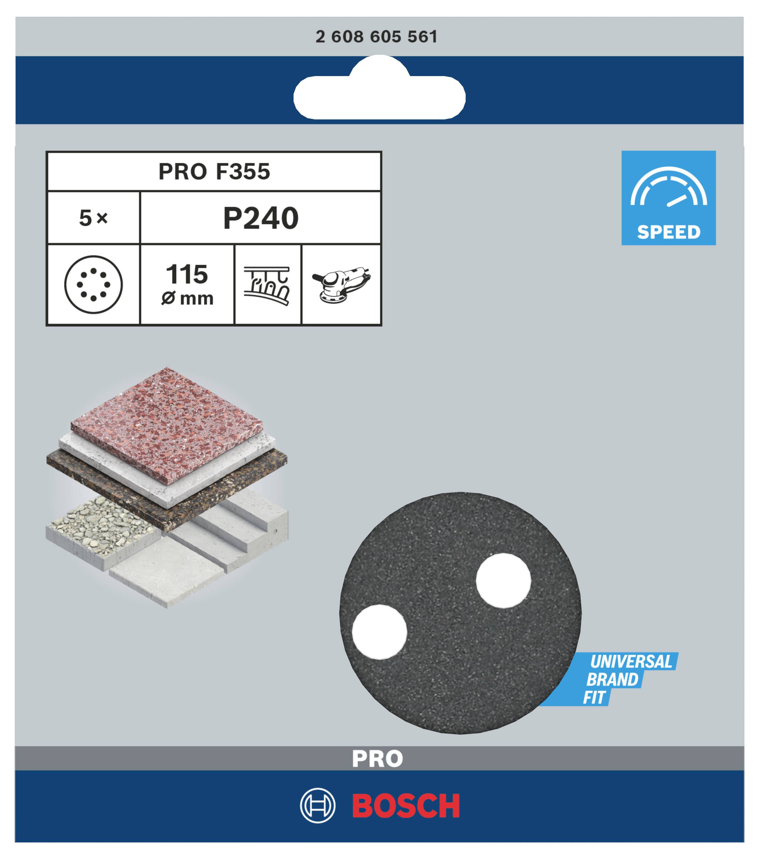 Bosch PRO F355 brúsne papierové kotúče, 5ks, P240, priemer 115 mm, vhodné pre rôzne materiály, zobrazenie materiálov.