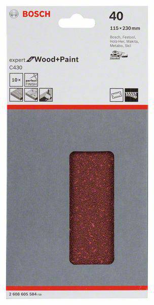 'Bosch brúsny papier na drevo+farbu, zrnitosť 40, 115 x 230 mm, pre Bosch, Festool, tvrdé drevo, kovový plech, oceľ, 10 kusov.'
