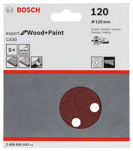 Brúsny papier Bosch, zrnitosť 120, Ø 125 mm, vhodný na drevo a farbu. Balenie zobrazuje použitie a kompatibilitu s rôznymi nástrojmi.