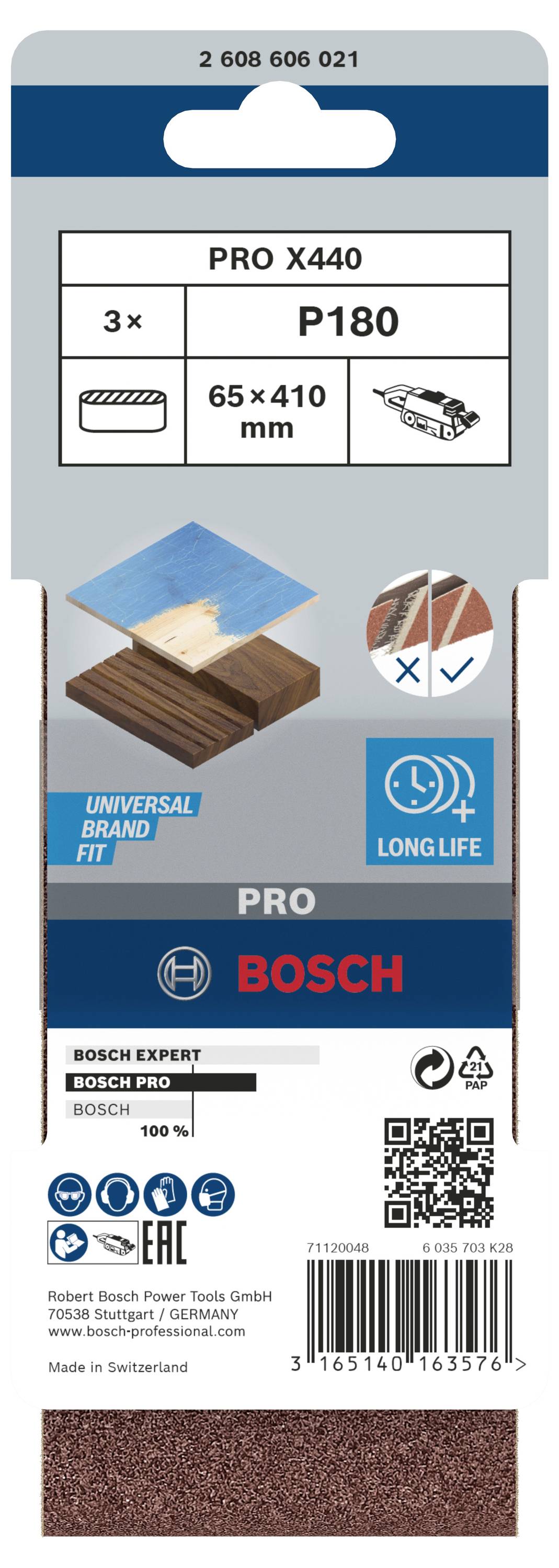 'PRO X440' súprava brúsneho papiera od Bosch, 3 kusy, zrnitosť P180, veľkosť 65 x 410 mm, na drevené a kovové povrchy, dlhotrvajúca.