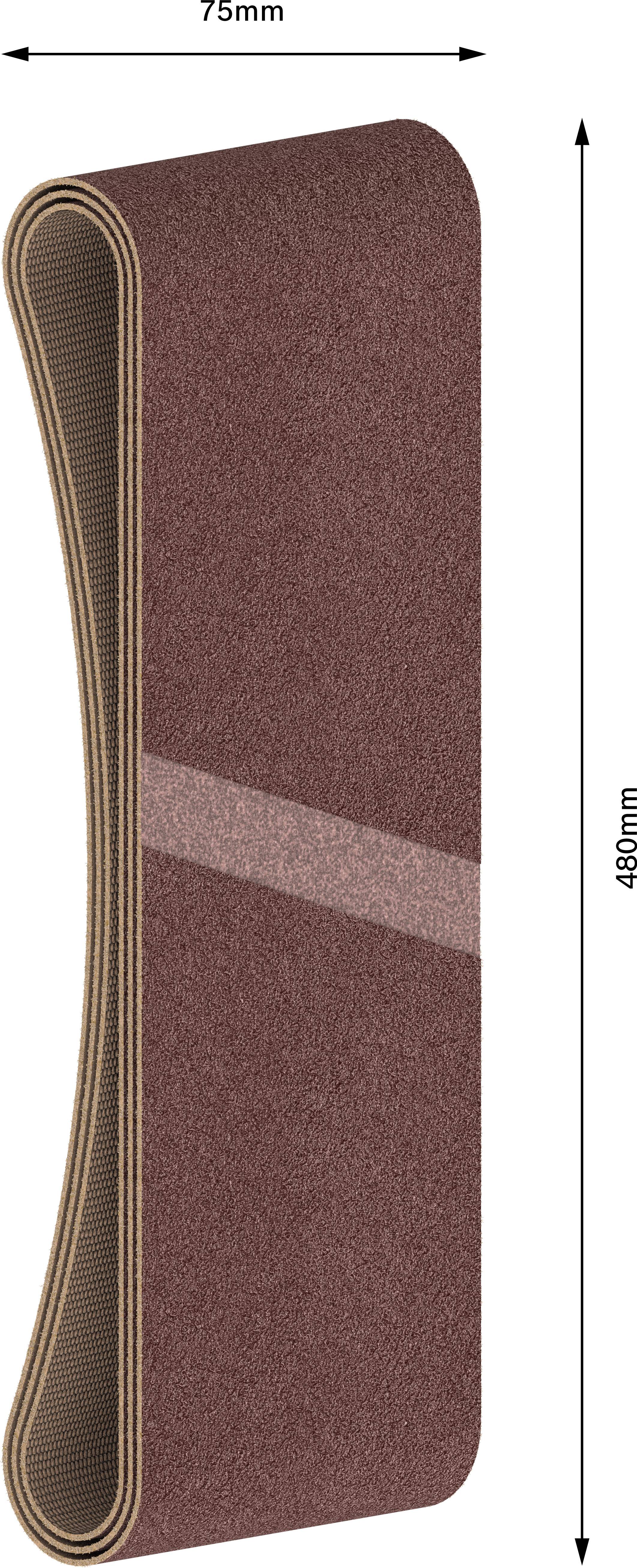 Brúsny pás v hnedej farbe, 480 mm dlhý a 75 mm široký.