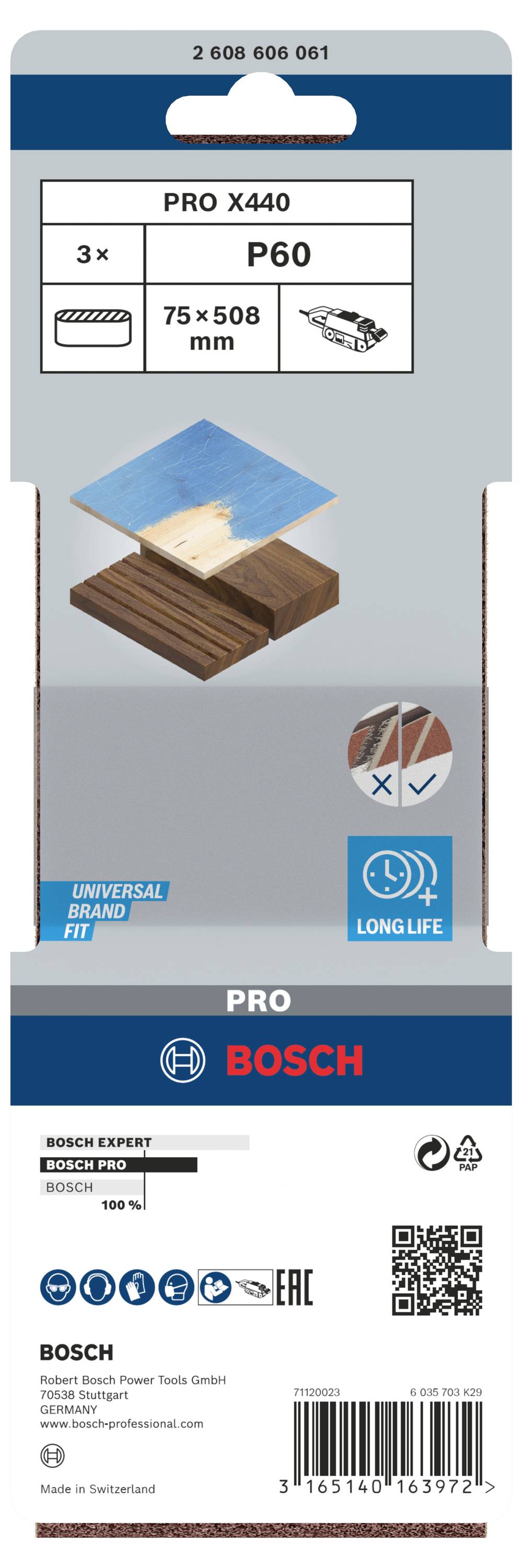 'Pro X440 Brúsny papier P60, 3 kusy, 75 x 508 mm, vhodný pre drevo, zlepšuje výkon a životnosť.'