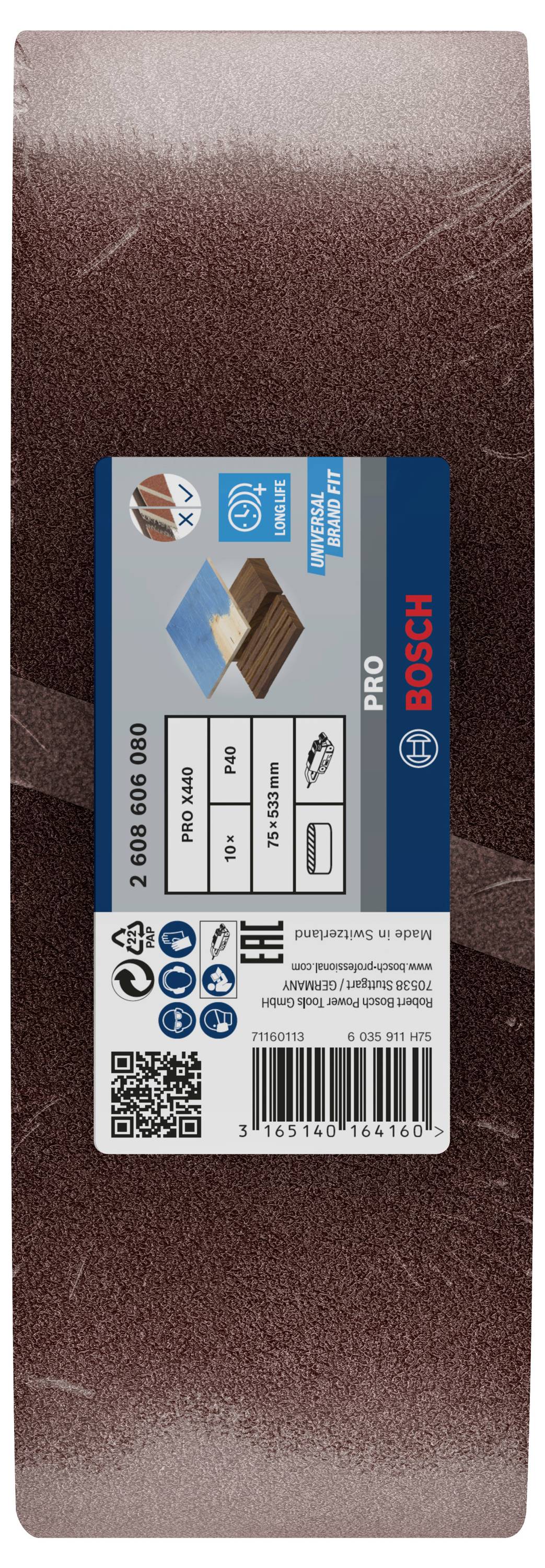 Brúsny pás od BOSCH, vhodný pre drevo, farbu a tmel, zobrazený so symbolmi pre oblasti použitia.