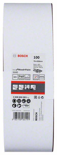 Brúsny pás Bosch, 75x533 mm, zrnitosť 100, vhodný na drevo a farbu. Balenie obsahuje pokyny na použitie a bezpečnostné symboly.