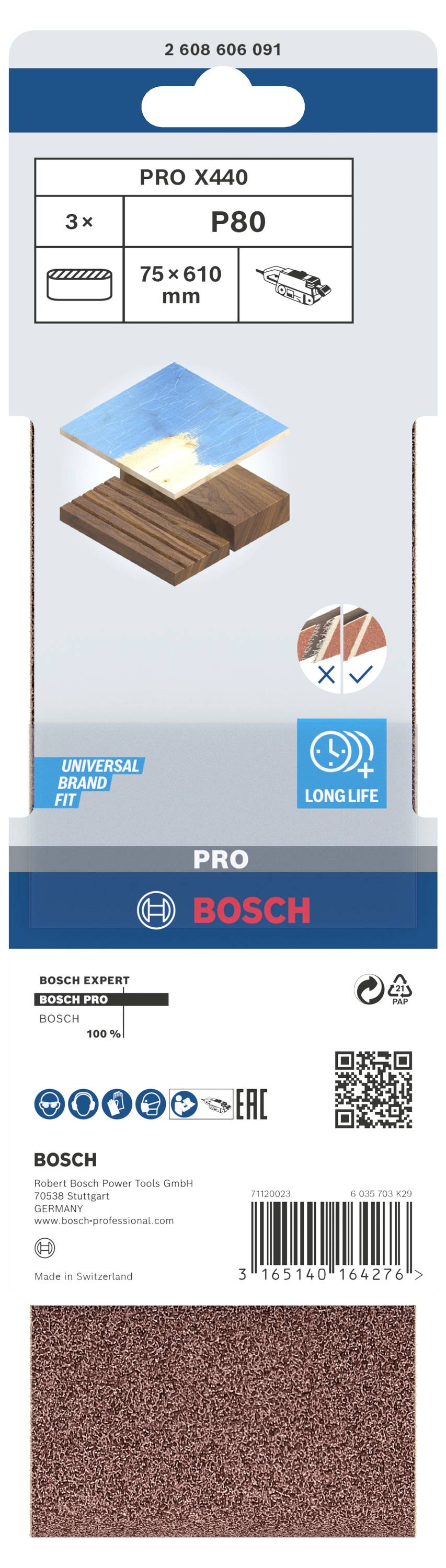 Brúsne pásy Bosch PRO X440 P80, 75x610mm, 3 kusy. Vhodné pre drevo a kov. Ilustrácia brúsneho procesu. Kvalita Longlife.