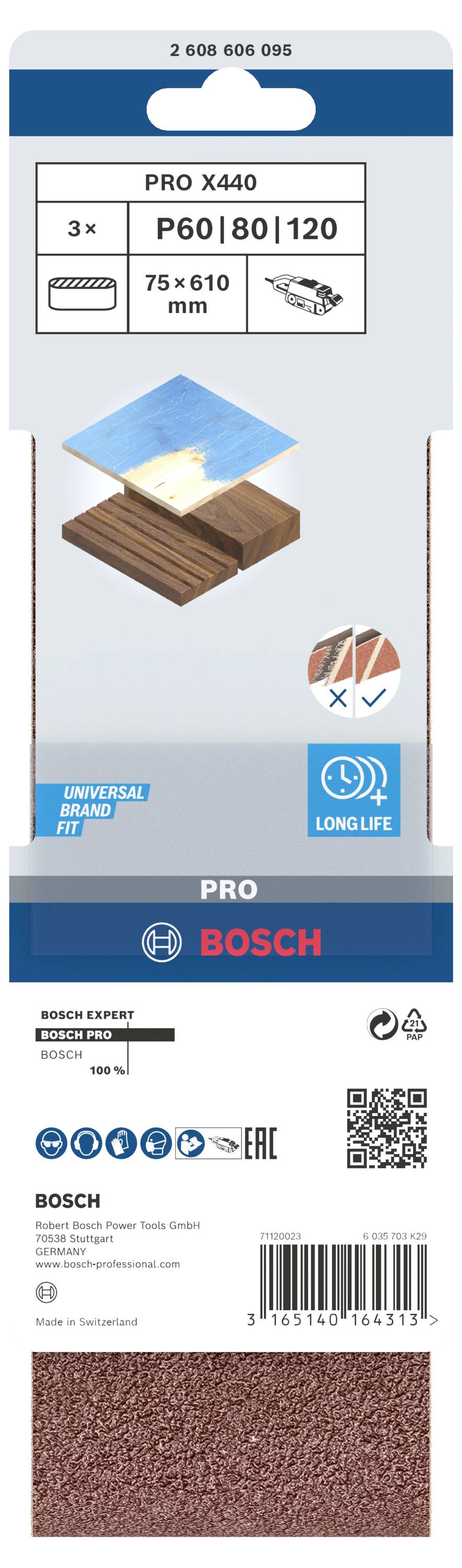 Balenie brúsneho papiera Bosch 'PRO X440' so zrnitosťou P60, P80, P120 na drevo. Rozmery: 75 x 610 mm, 3 kusy.
