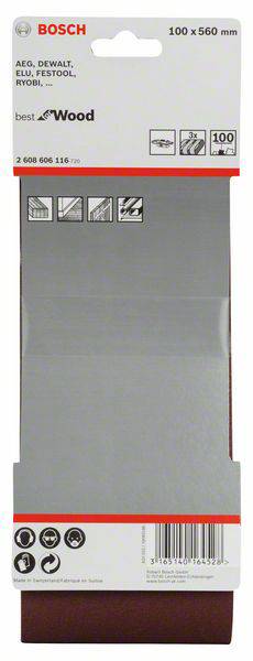 Brúsny papier značky Bosch na drevo; rozmery: 100 x 560 mm; kompatibilný s AEG, Dewalt, Elu, Festool, Ryobi.