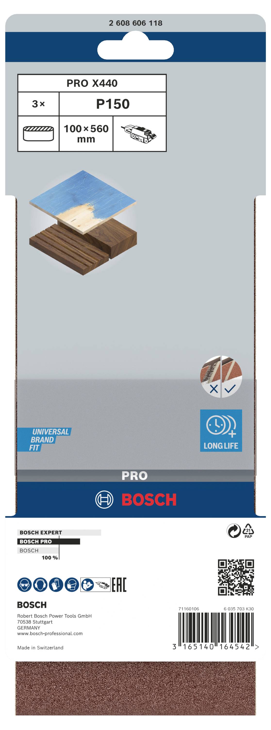 Balenie pre Bosch brúsny papier PRO X440, zrnitosť P150, veľkosť 100 x 560 mm, vhodný na drevo, farba hnedá s modrým štítkom.