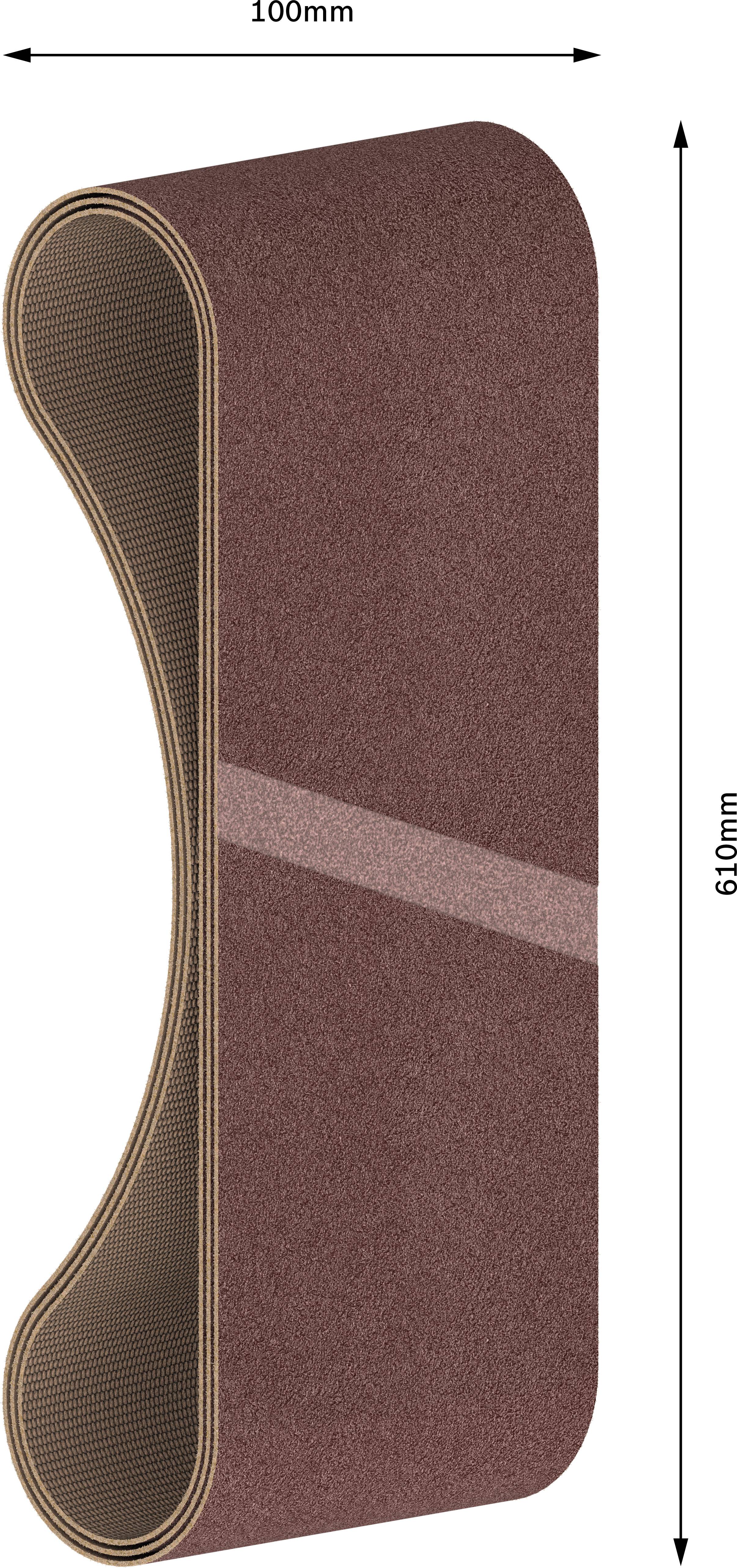 Zobrazenie pieskovacieho pásu. Pás je 610 mm dlhý a 100 mm široký, s diagonálnym švom.