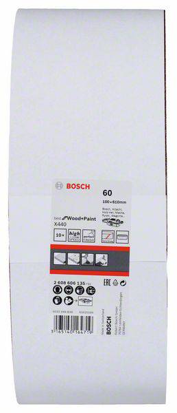 Brúsny pás Bosch so zrnitosťou 60, vhodný na drevo a farbu. Rozmery: 100 x 610 mm. Na obale sú logá a symboly.