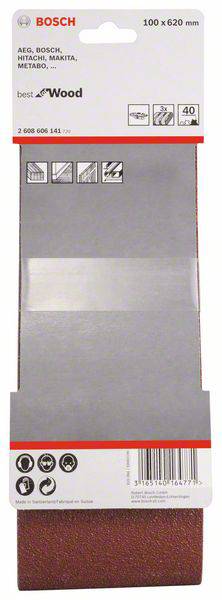 'Bosch brúsny pás, 100 x 620 mm, vhodný pre drevo, zrnitosť 40, kompatibilný s brúskami AEG, Hitachi, Makita, Metabo.'
