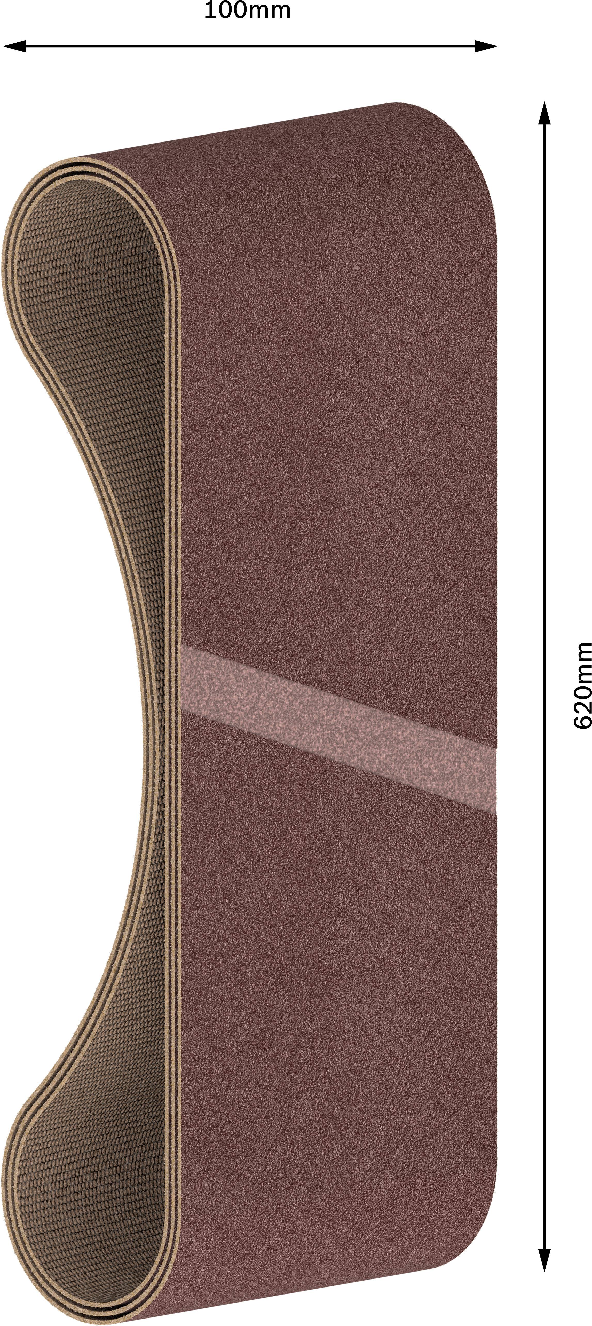 Brúsny pás s rozmermi 100 mm šírka a 620 mm obvod, zobrazuje oválny tvar a zrnitý povrch pre brúsne práce.
