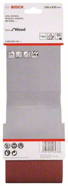 Brúsny pás Bosch, 100 x 620 mm, vhodný pre práce s drevom, kompatibilný s rôznymi značkami náradia.