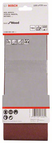 Brúsny pás Bosch 100 x 620 mm na drevo, balenie so symbolmi použitia a technickými špecifikáciami.
