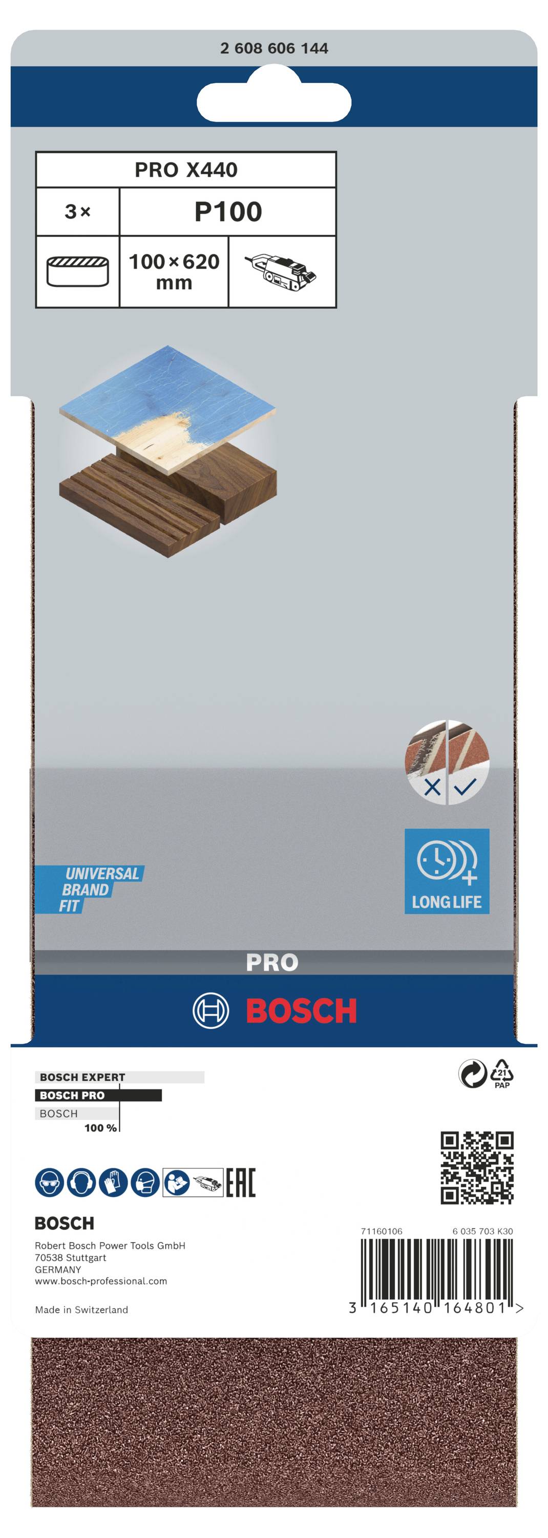 Balenie brúsneho papiera od Bosch, 3 kusy, 100 x 620 mm, zrnitosť P100, vhodné na drevo a kov, dlhá životnosť.