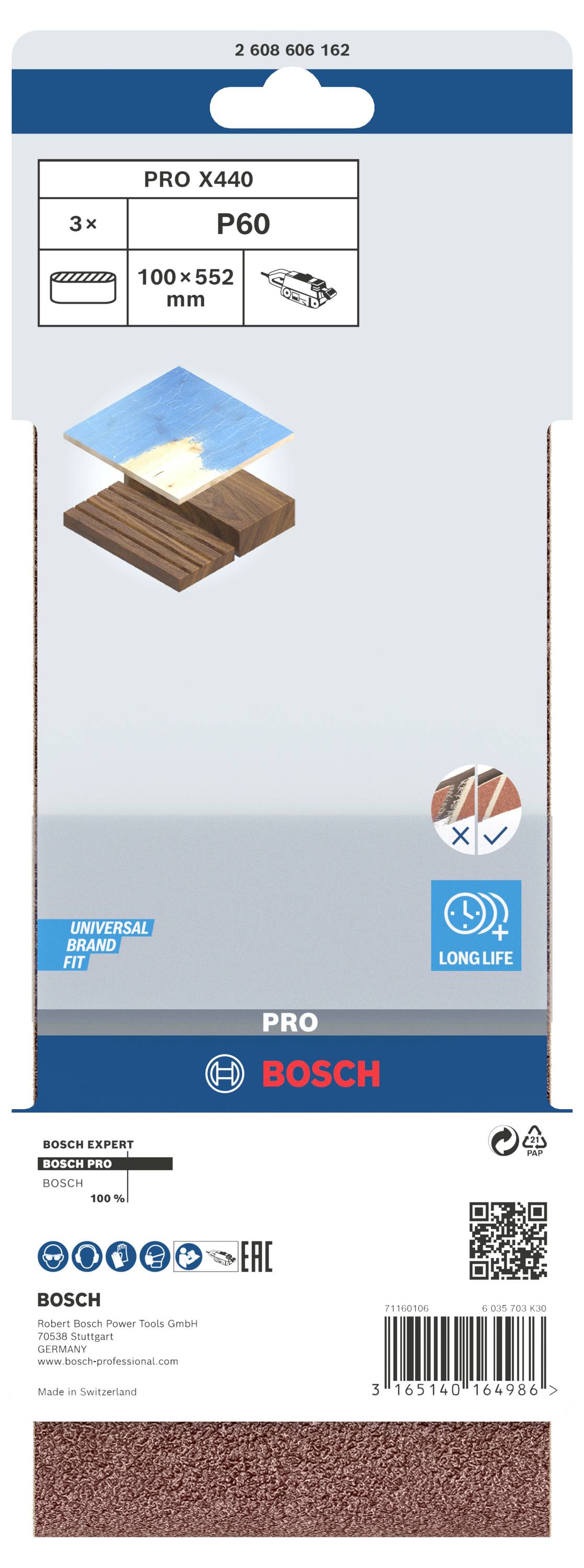 Balenie brúsneho papiera Bosch, model 'Pro X440', zrnitosť P60, 100 x 552 mm. Vhodný na drevo. Obsahuje tri kusy.