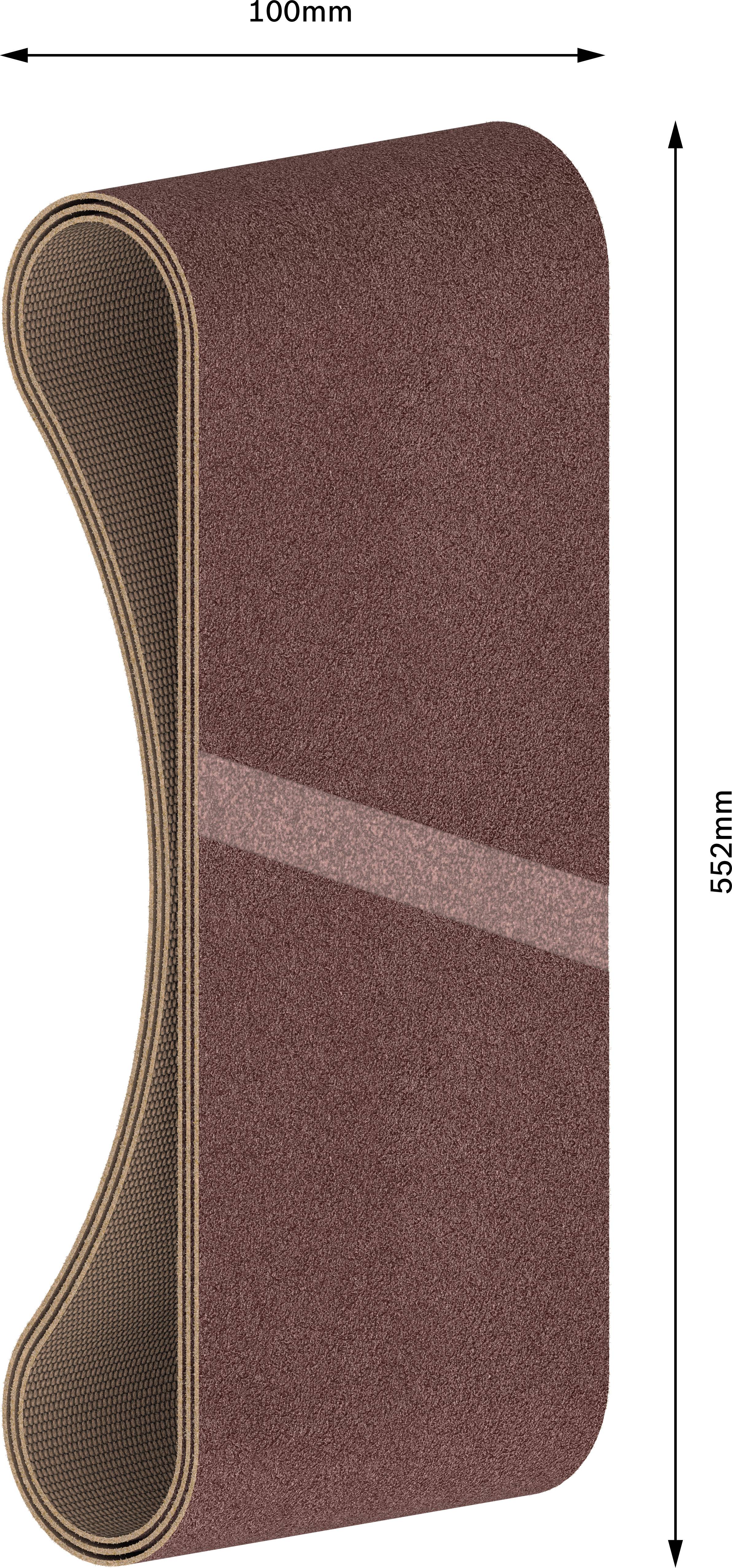 Brúsny pás s rozmermi 100 mm šírka a 552 mm dĺžka. Pás je tmavohnedý a vhodný na brúsne práce.
