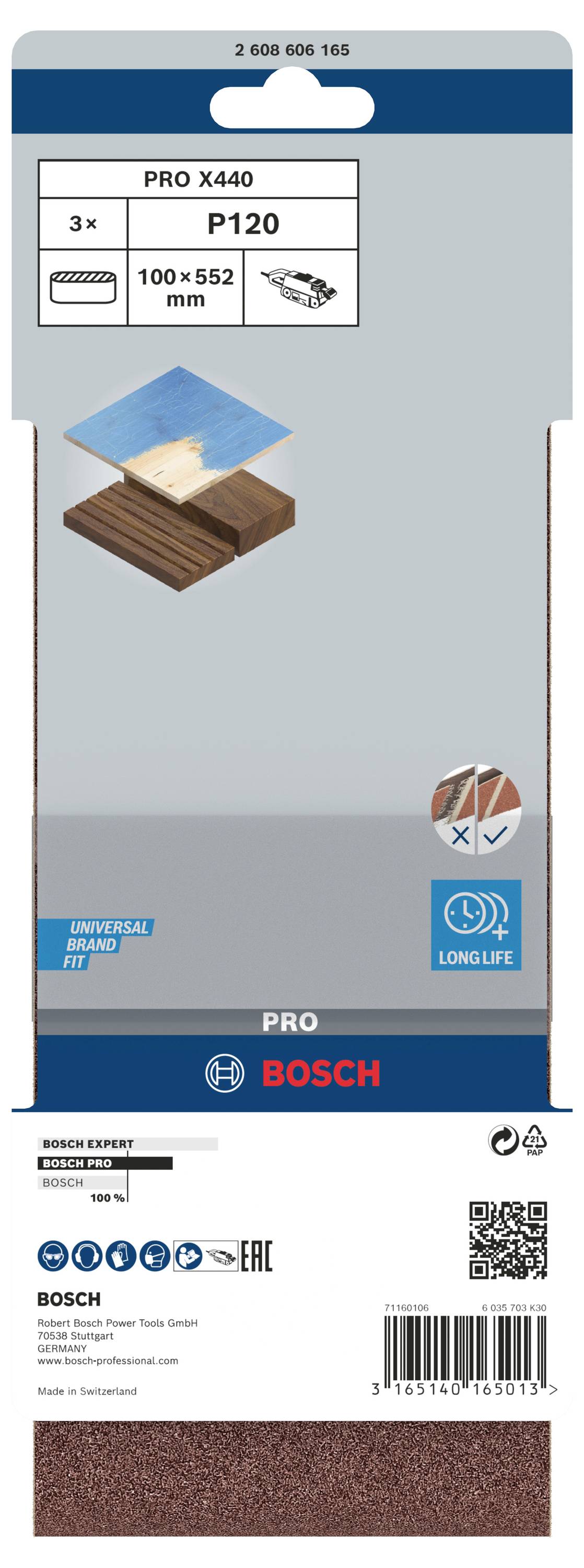 Balenie brúsneho papiera Bosch: typ PRO X440, zrnitosť P120, 100 x 552 mm, 3 hárky. Vhodný na drevo, dlhá životnosť.