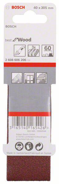 Brúsny pás Bosch, vhodný na drevo, zrnitosť 60, rozmery 40 x 305 mm. Balenie obsahuje tri vysokokvalitné brúsne pásy.