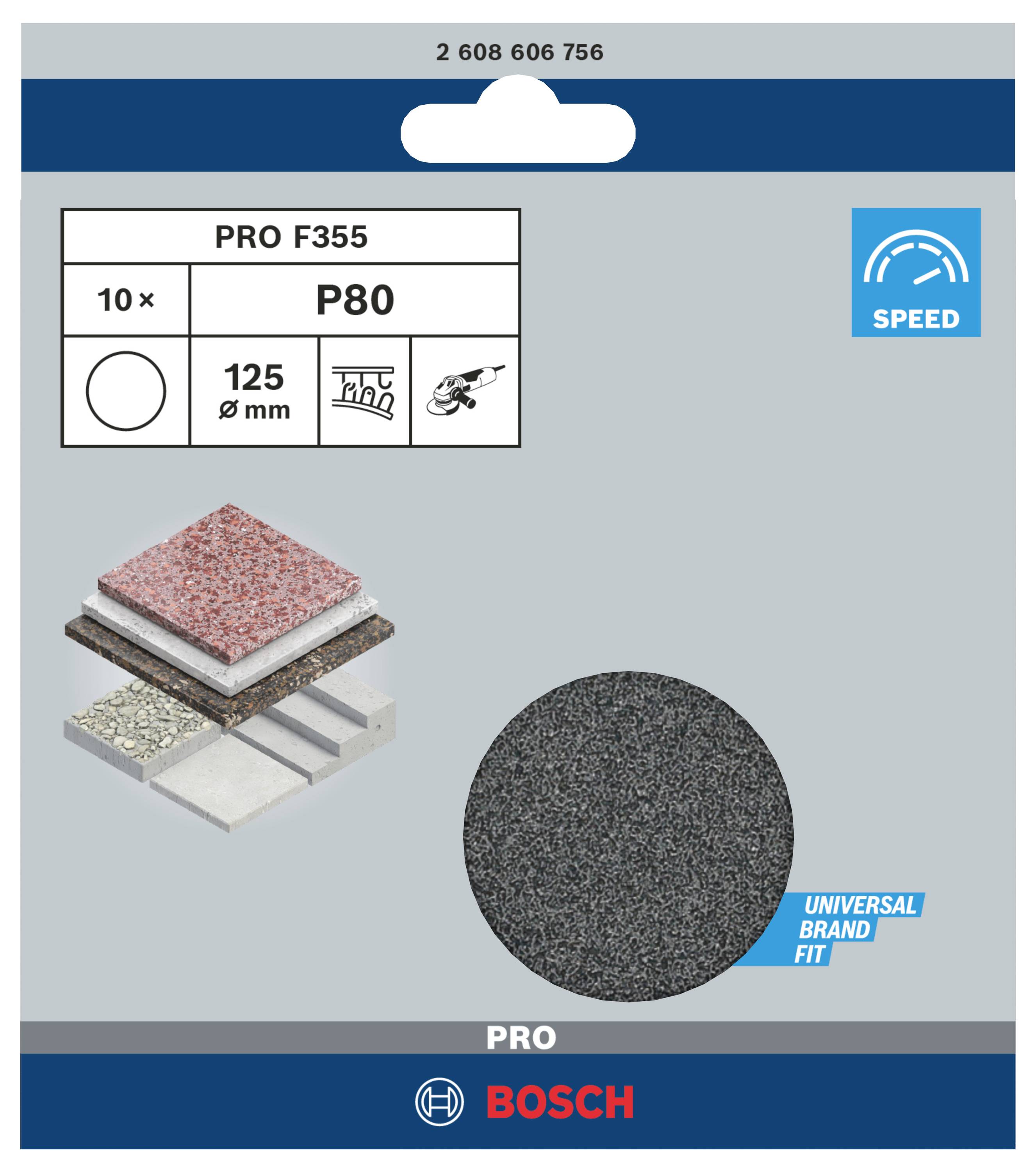 Balenie brúsnych kotúčov Bosch PRO F355, zrnitosť P80, priemer 125 mm, pre univerzálne materiály. Zobrazuje 10 kusov.