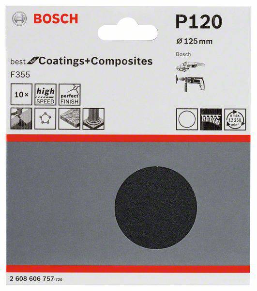 Brúsny papier od Bosch, zrnitosť P120, priemer 125 mm, vhodný pre povrchové úpravy a kompozitné materiály, s ilustráciou použitia na strojoch.