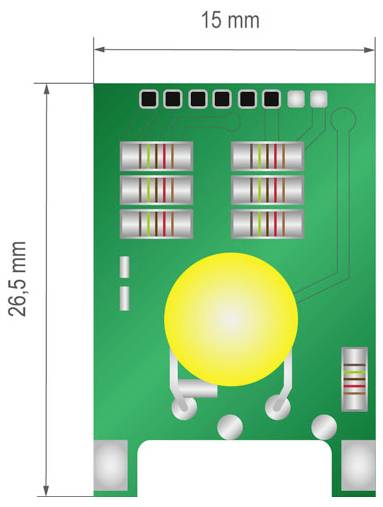 Zelená doska plošných spojov s rezistormi a žltou LED. Rozmery sú 15 mm × 26,5 mm.