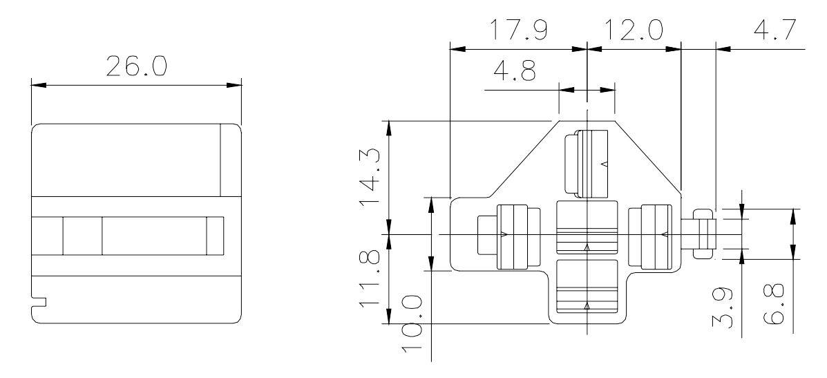 Výkres mechanickej komponenty s presnými rozmermi v milimetroch. Hlavná štruktúra a rozmery sú podrobne znázornené.