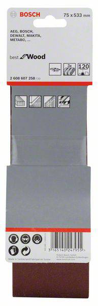 Brúsny pás na drevo, 75x533 mm, zrnitosť 120, kompatibilný s AEG, Bosch, DeWalt, Makita, Metabo. Obsahuje tri brúsne pásy.