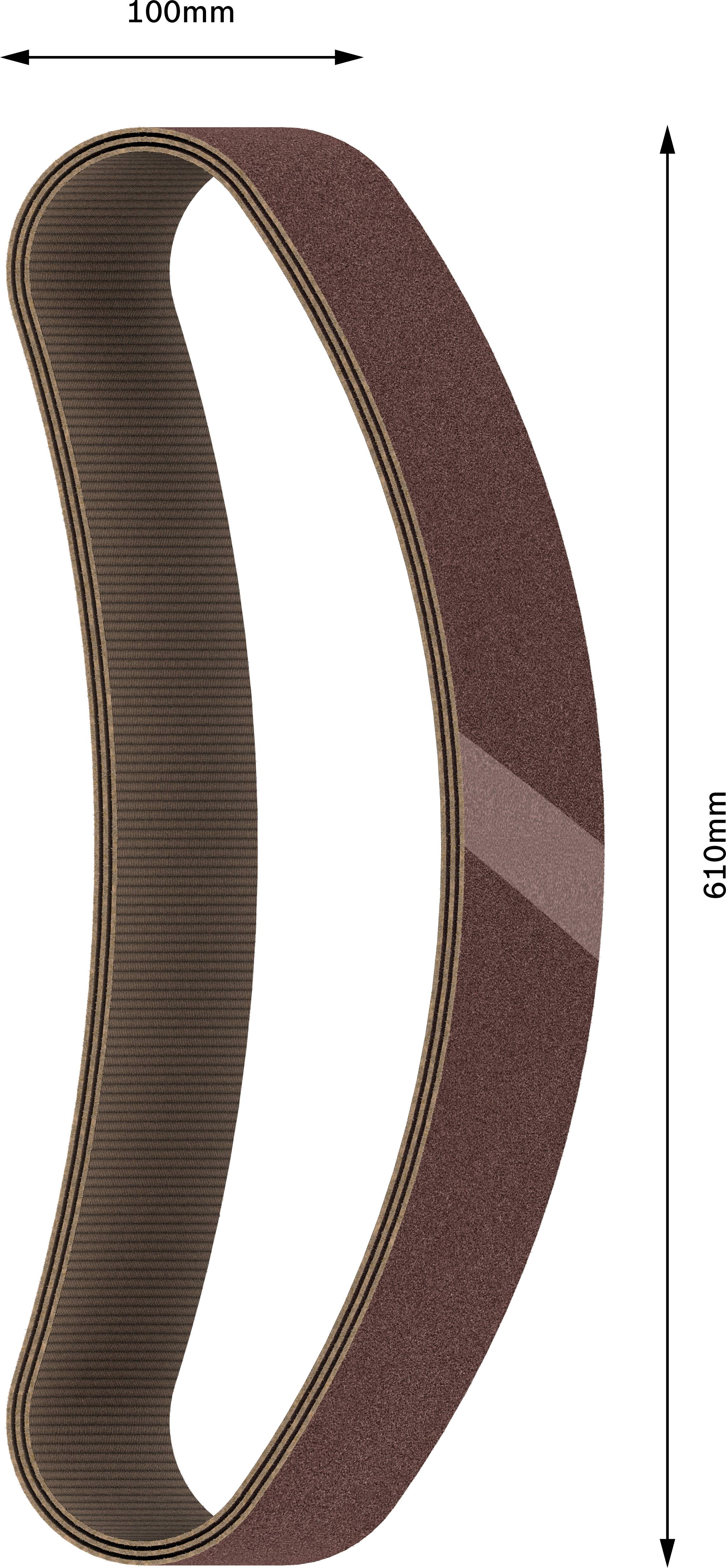 Obrázok brúsneho pásu, 610 mm dlhý a 100 mm široký. Zobrazuje tvar a rozmery pásu, vhodného na brúsenie.