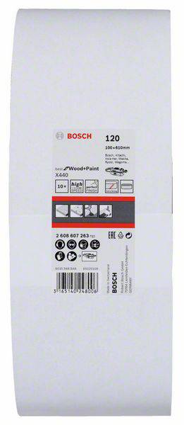 Brúsny papier Bosch, vhodný na drevo a farbu, zrnitosť 120, rozmer 500 x 60 mm, 10 listov v balení.