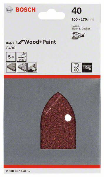 Sada brúsnych listov Bosch, typ 'Drevo+Farba', zrnitosť 40, veľkosť 100 x 170 mm, vhodná na brúsenie dreva a maliarske práce, kompatibilná s multibúskami.