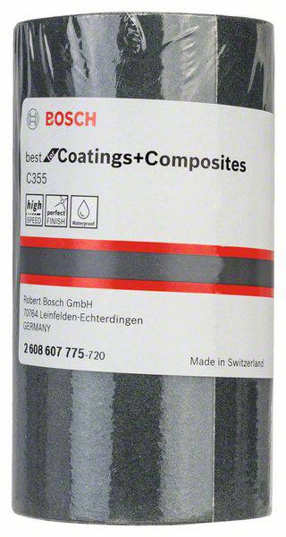 Kotúč brúsneho papiera od Bosch, model 'Coatings+Composites C355', vhodný pre povrchovú úpravu a kompozitné materiály, vyrobený vo Švajčiarsku.