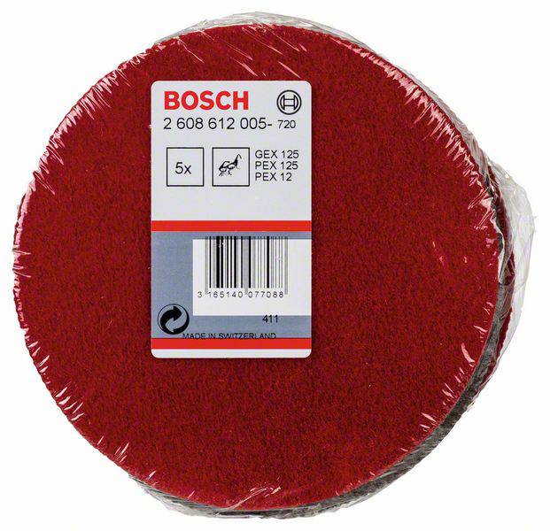 Červená sada brúsneho papiera od Bosch, pozostávajúca z 5 okrúhlych listov s označením '2 608 612 005-720', vhodná pre GEX 125 a PEX 12.
