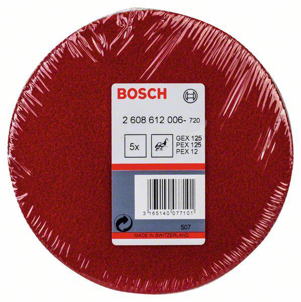 'Brúsny kotúč Bosch, priemer 125 mm, balenie po 5 kusov, kompatibilný s modelmi GEX a PEX, vyrobené vo Švajčiarsku.'