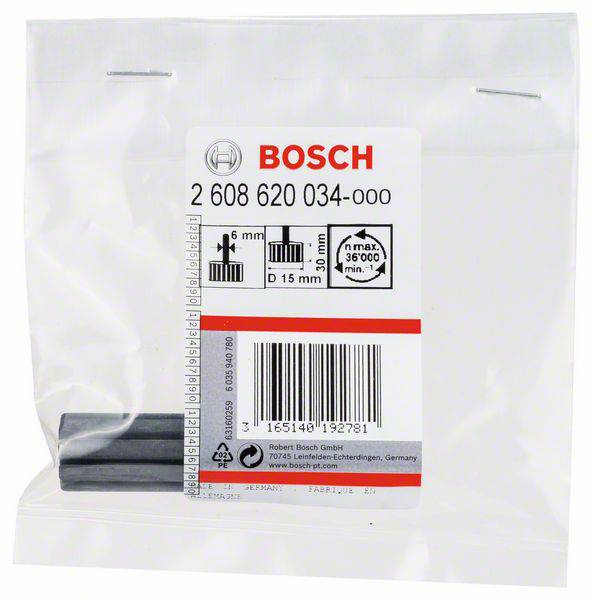Plastová taška s logom Bosch, obsahuje brúsne hroty. Potlač uvádza rozmerové údaje: šírka 6 mm, priemer 15 mm, max. 36.000 min⁻¹.