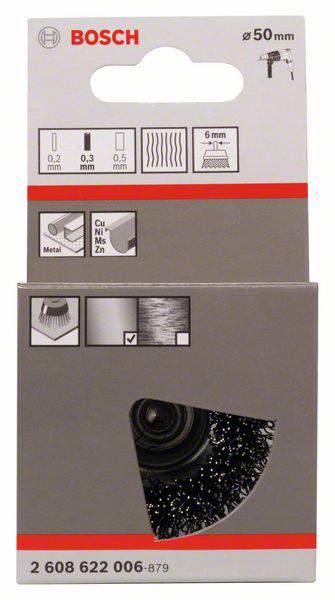 Štetcová kefa Bosch 50 mm na sivom kartóne. Ilustrácie zobrazujú použitie na kovoch ako hliník a oceľ. Predná strana obalu.