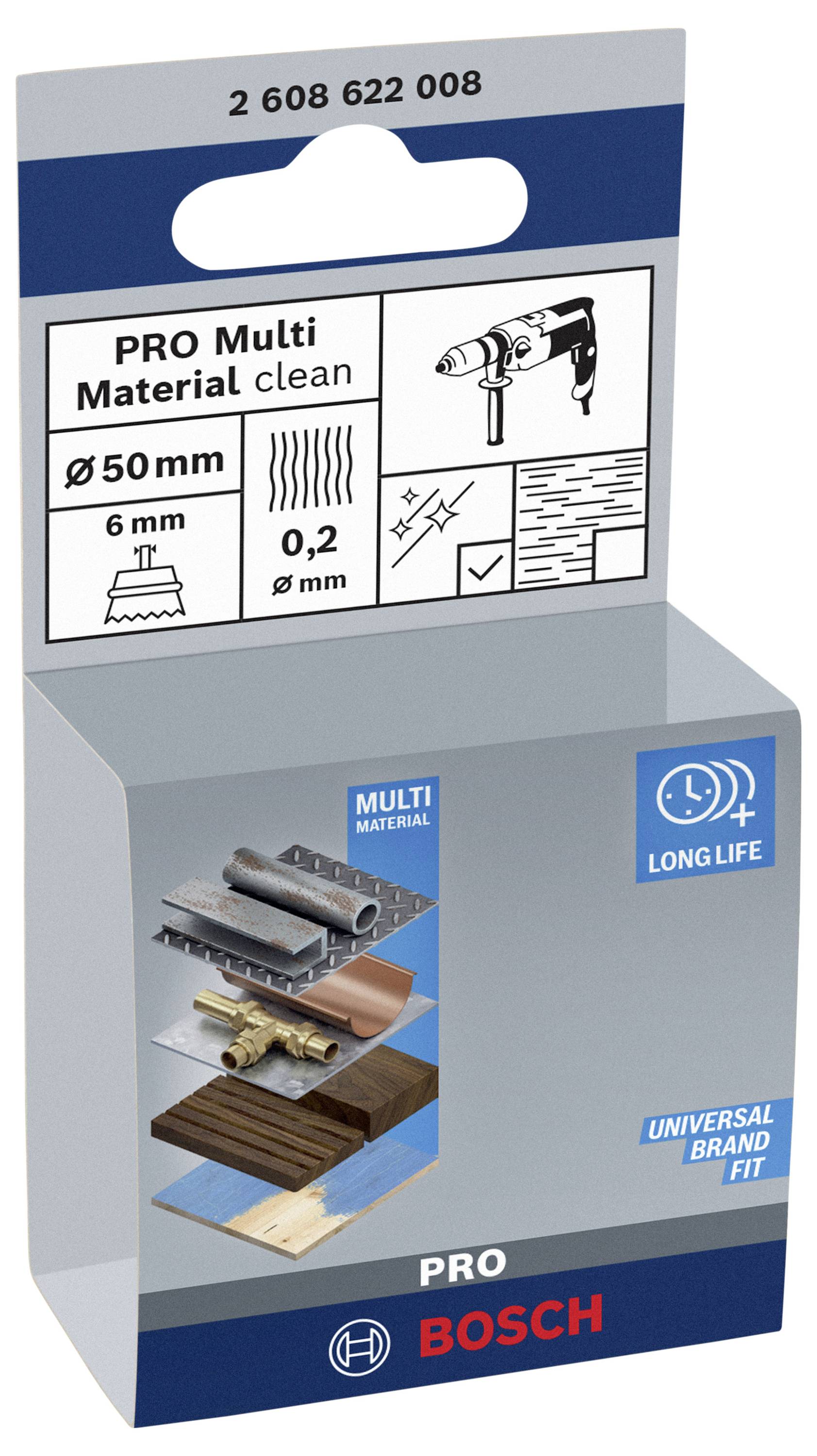Sada vrtákov Bosch 'PRO Multi Material clean' s podrobnosťami o veľkosti a kompatibilite; obrázky materiálov a vrtákov.