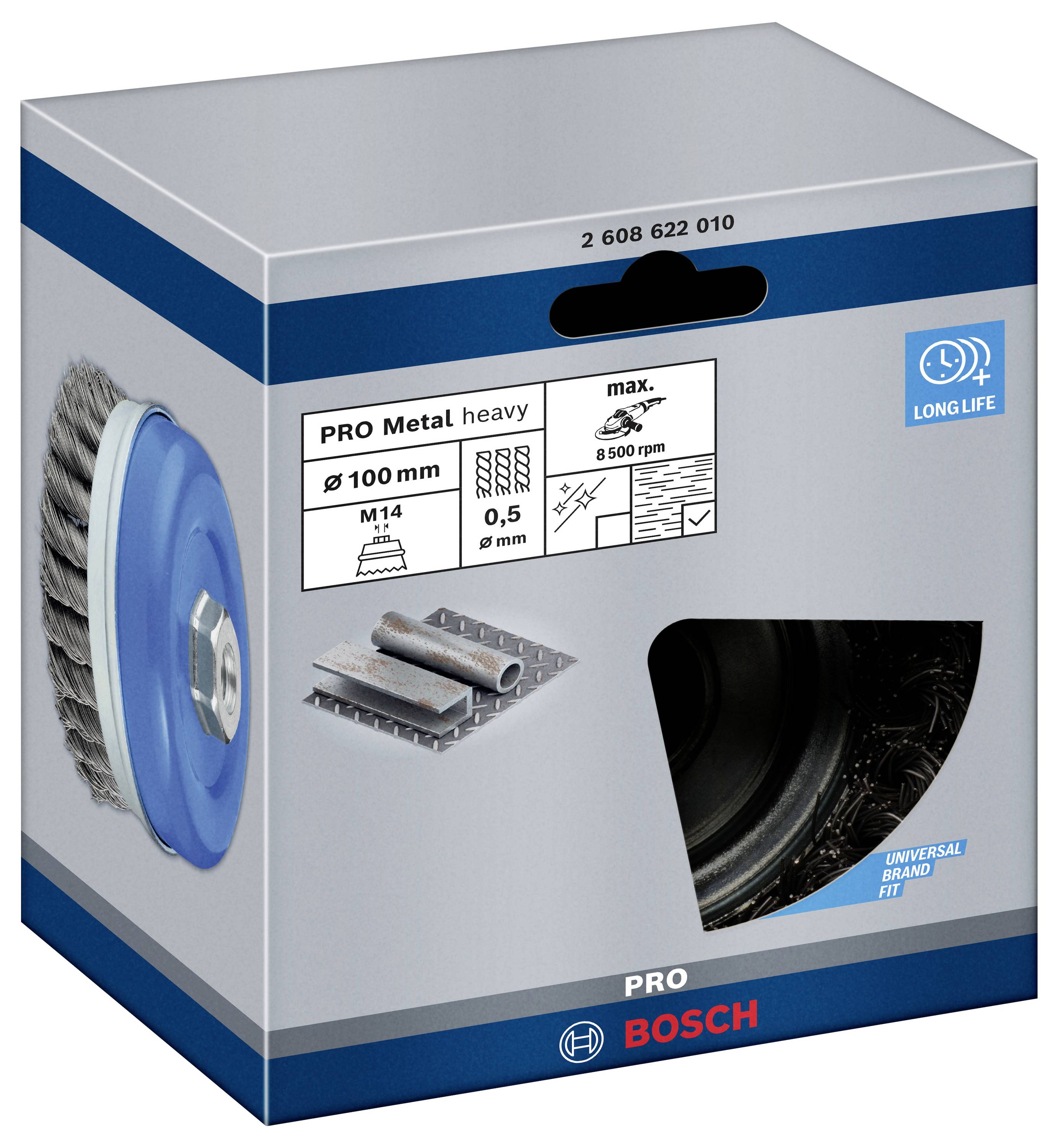Balenie kefovej kotoúčovej kefky Bosch Pro na kov. Zobrazuje technické údaje: priemer 100 mm, závit M14, max. 8 500 ot./min. Vhodná na kov.