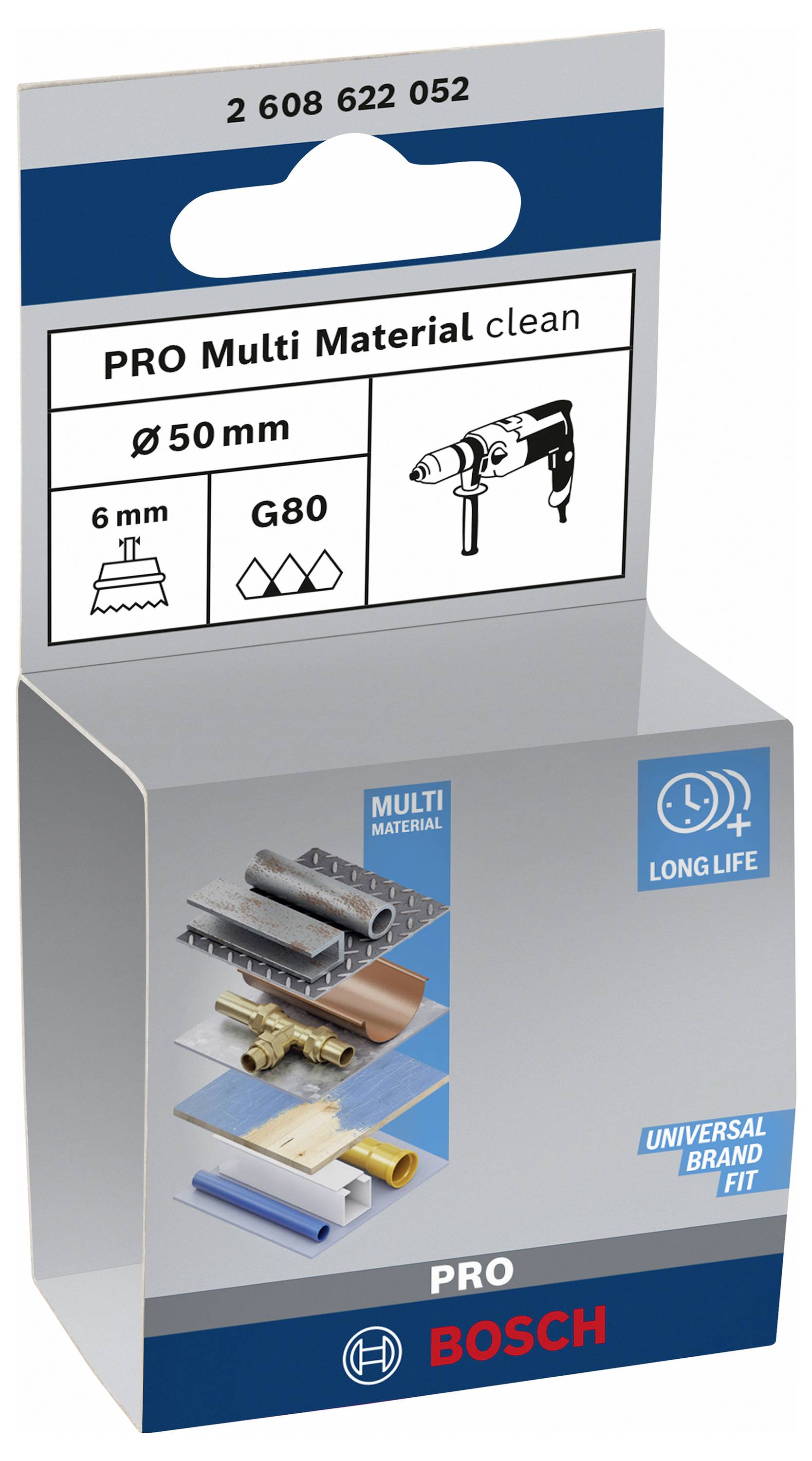 Balenie vrtáka od Bosch: 'PRO Multi Material clean', vhodný pre 6 mm vŕtania, priemer 50 mm, zrnitosť G80.