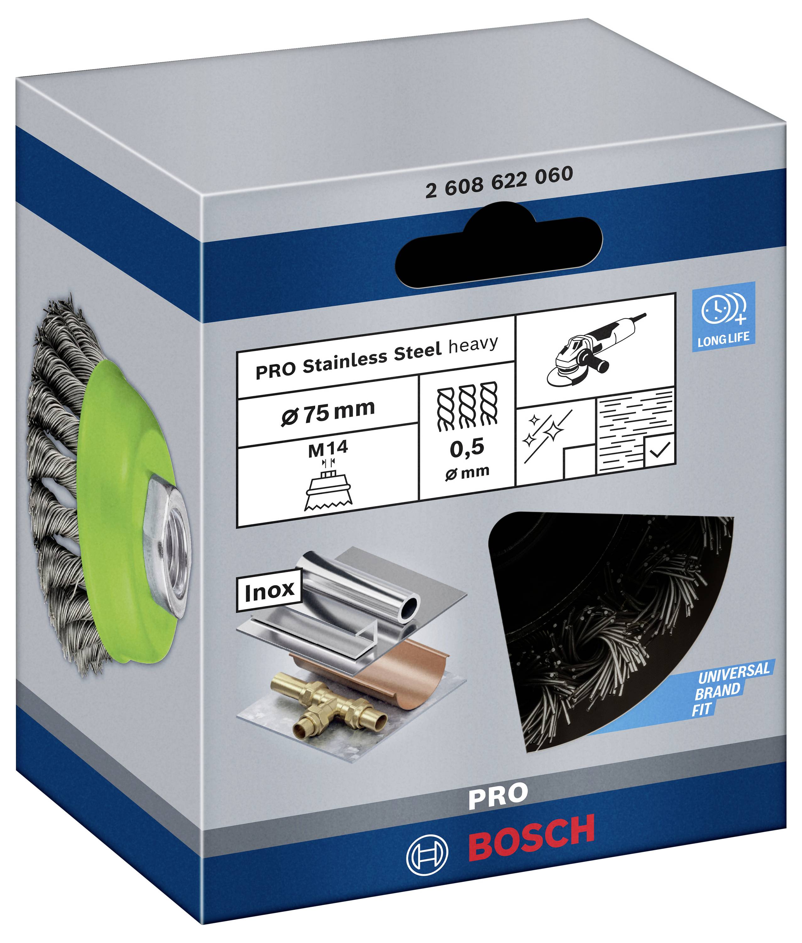 Bosch PRO nerezová okrúhla kefa, priemer 75 mm, závit M14, hrúbka drôtu 0,5 mm, pre nerez a dlhú životnosť.