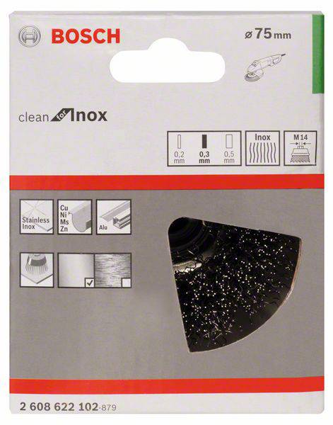 Balenie čistiacej kefy Bosch, Ø 75 mm, pre nehrdzavejúcu oceľ (Inox). Obsahuje technické detaily a symboly kompatibility materiálov.