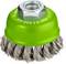 Guľatá drôtená kefa s kovovými štetinami a zeleným držadlom, vhodná pre maximálne otáčky 12 500 ot./min, užitočná na čistenie kovu.