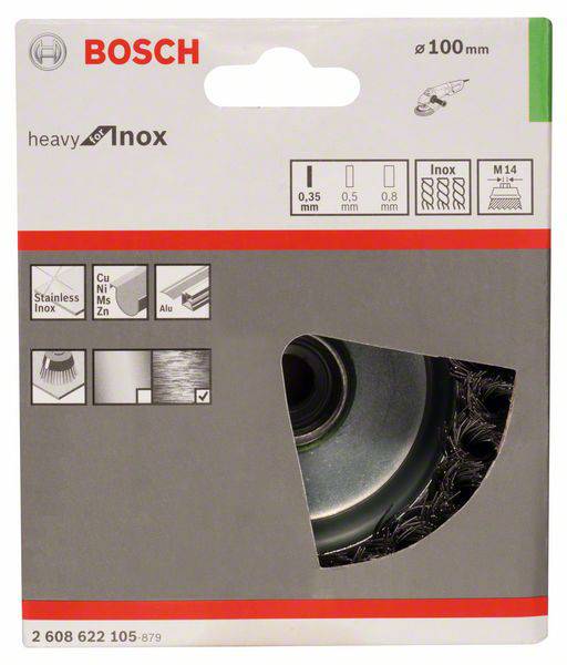 'Bosch drôtená kotúč heavy inox', brúsny kotúč na nehrdzavejúcu oceľ, priemer 100 mm, hrúbka drôtu 0,35 mm, upevnenie M14. Obal zobrazuje diagramy materiálov, ktoré je možné opracovať: nehrdzavejúca oceľ, meď, nikel, mosadz, zinok, hliník.
